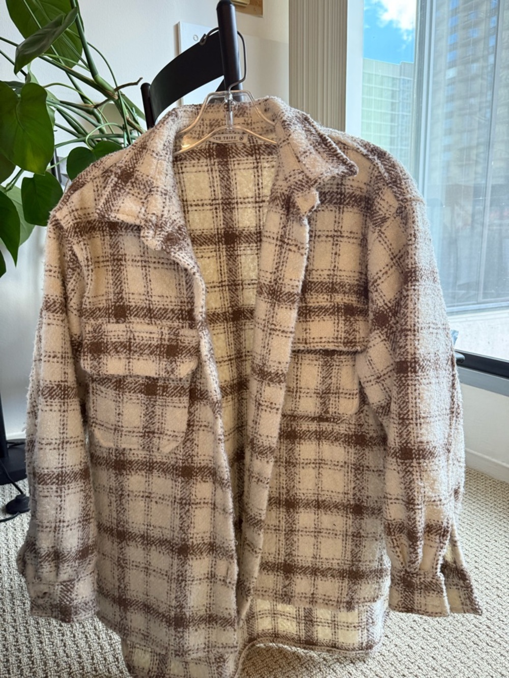12th Tribe Cream and Brown Plaid Teddy Jacket